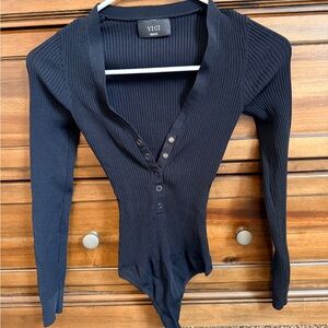 VICI Black Ribbed Long-Sleeve Snap Bodysuit
